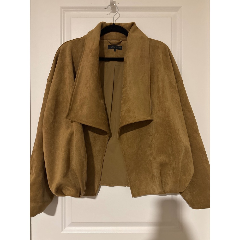 Zara Faux Suede Draped Open Front Jacket Camel Tan Oversized Small